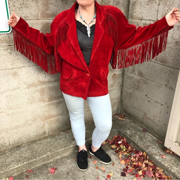 Comint Jackets & Blazers - Comint Vintage 80s Red Genuine Suede Leather Western Fringe Jacket